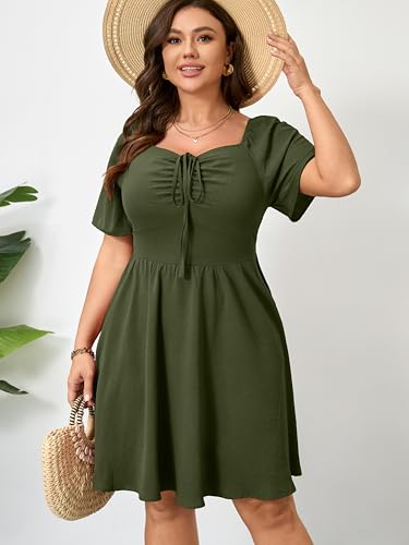 Image of RWJ Women Plus Size Summer Dress Short Sleeve Tie Front Sweetheart Neck Casual Mini Wedding Guest Dresses 2025