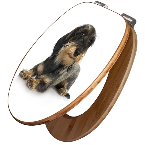 banjado Design WC Sitz Bambus Absenkautomatik 45,8x37,5cm - Toilettendeckel mit Absenkautomatik Holz - hochwertiger Bambus Klodeckel - WC-Sitz für gängigen Toiletten - Motiv Dackel