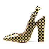 Eldof Slingback Heels for Women Pointed Toe Ankle Strap Chunky Heels Block High Heel Pumps Dress Shoes 4.7 Inches Checkered Yellow US Size 10.5