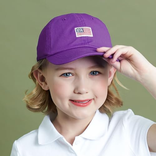 The Hat Depot Kids American Flag Washed Low Profile Cotton and Denim Plain Baseball Cap Hat (6-9yrs, Purple)2