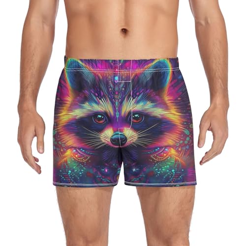 Psychedelic Raccoon Men's Cotton Boxer Shorts Pajama Bottoms with Button Fly Underwear Sleep Shorts