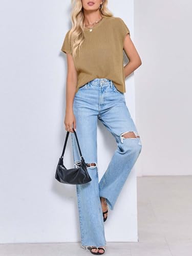 Image of Saodimallsu Womens Cap Sleeve Crop Tops Summer Trendy Going Out Crew Neck Loose Knit Cropped Sweater Vest Tank Top
