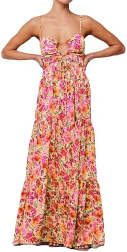 ABYOVRT Women Floral Maxi Dress Tie Front Cut Out Backless Boho Spaghetti Strap Summer Beach Sundress (Pink Orange,L)