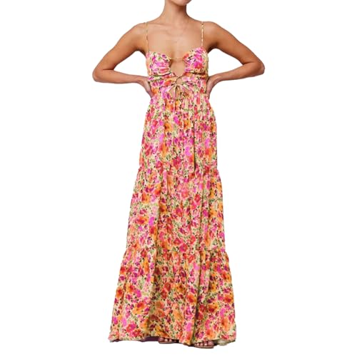 Women Floral Maxi Dress Tie Front Cut Out Backless Boho Spaghetti Strap Summer Beach Sundress