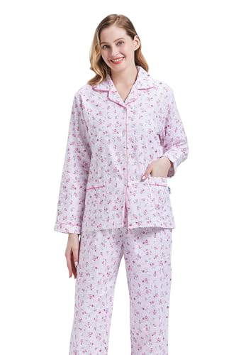 Image of GLOBAL Women's Flannel Pajamas Set 100% Cotton PJs for Women Long Sleeve Button Drawstring Waist Warm Loungewear Sleepwear