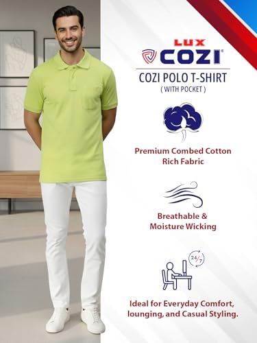 Image of Lux Cozi Men's Polo T-Shirt Regular Fit Half Sleeves with Pocket | Cotton Blend Polo Neck Collar T-Shirt for Men | Casual, Office Comfortable Breathable T-Shirt | Stylish Plain Tee