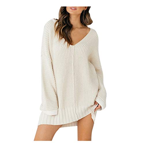 Ghemdilmn Vestido de punto para mujer de otoño e invierno, cuello en V, vestido de longitud media, suéter de punto, cárdigan de lana pura, manga larga, jersey elegante, D-blanco., M