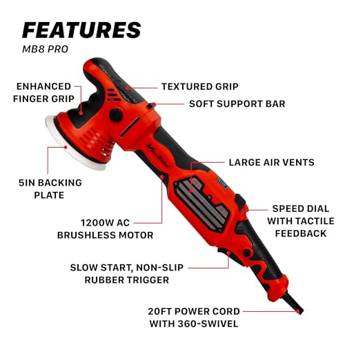 Image of Maxshine MB8 Pro Brushless DA Polisher - 1200W Car Buffer with 8mm Throw, 5 inch Backing Plate, 5 /16 inch-24 Thread & 6-Speed Control - Auto Detailing Tool for Cars, Trucks, SUVs & Boats, Swirl Removal