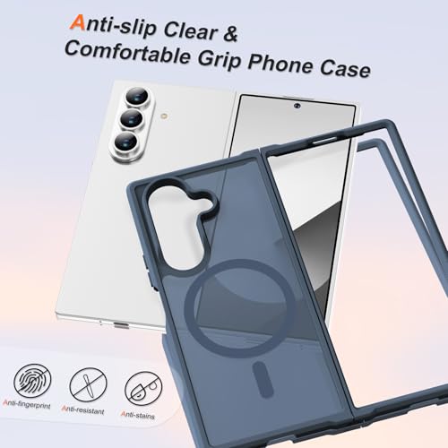 Image of ORETECH Magnetic for Samsung Galaxy Z Fold 7 Case, Translucent Back Non-Slip Hard PC Shockproof Bumper Protective Phone Case Cover for Samsung Z Fold 7 - Navy Blue