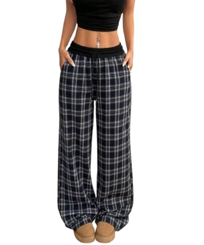 Gingham Pants for Women Plaid Drawstring Elastic Waist Checkered Wide Leg Trousers Casual Loose Fit Baggy Pants