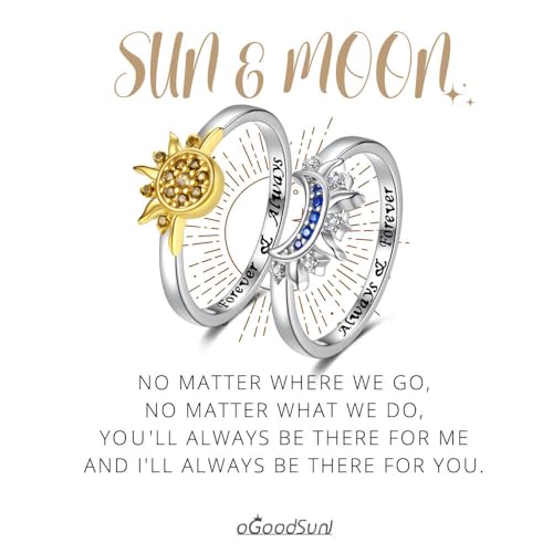 Sterling Silver Moon Sun Rings Set for 2 Stackable Matching Ring Friendship Couples Mother Daughter Promise Jewelry Gifts for Women Bff2