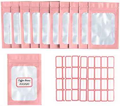 100 pcs Small Resealable Mylar Ziplock Food Storage Bags with 80 pcs Sticker Labels. Self Sealing Metallic Foil Pouch for Coffee Beans Packaging, Herbs, Storage Supplies by Quad-O (Black, 3x4 Inch)