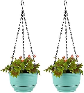 T4U Plastic Hanging Planter Self Watering Basket with Detachable Base 20CM Mint Green Set of 2 - Round Hanging Flower Plant Pot Deep Reservoir Container Box for House Plants Home Garden Decoration