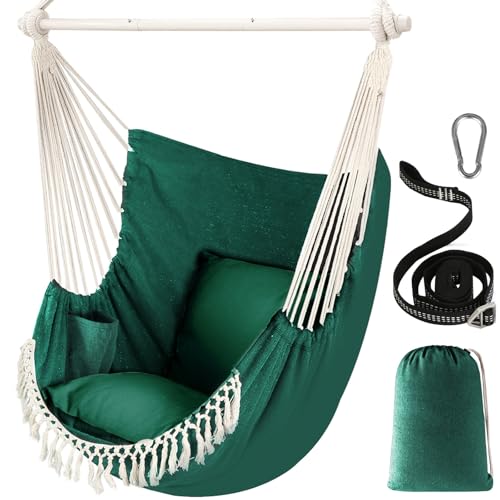 Chihee Columpio Silla Hamaca MAX 227KG 2 Cojines incluidos Barra de Metal con Ranuras Antideslizantes Silla Colgante portátil Bolsillo Lateral Silla Bohemia Grande de macramé Interior Exterior