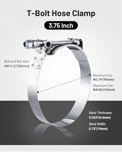 Image of EVIL ENERGY 3.75 Inch T-Bolt Hose Clamps, Stainless Steel 304 Turbo Intake Clamps, 95-103mm Adjustable Range for 3-3 /4 inch Hose ID, Intercooler Radiator Pipe Clamps for Silicone Coolant Hoses, 4PCS