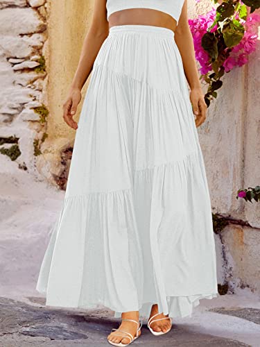 ANRABESS Women’s Boho Elastic High Waist Pleated A-Line Flowy Swing Asymmetric Tiered Maxi Long Skirt Dress with Pockets2