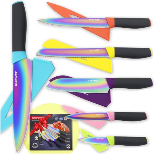 KNIFAST Kitchen Knife set Rainbow Titanium Coated - 12 Pcs Knife Set with Blade Guards, Dishwasher Safe, Razor Sharp German Stainless Steel Blade and Comfortable Handle
