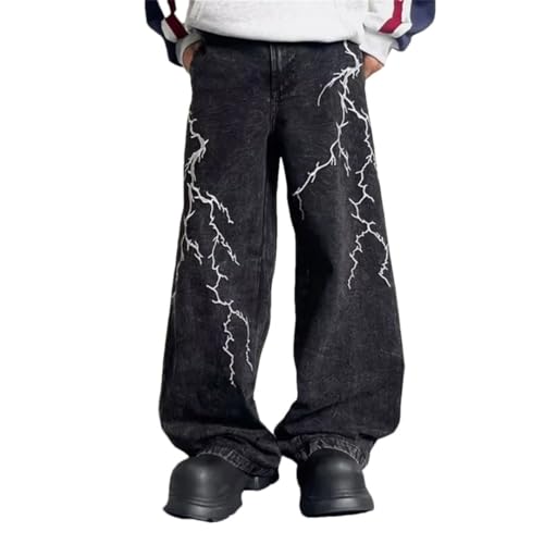Men Y2K Streetwear Embroidery Lightning Baggy Jeans Pants Vintage Clothes Wide Leg Hip Hop Long Trousers