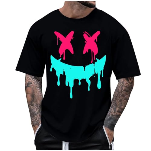 Generisch Tshirt Herren Baumwolle T-Shirt Lustig Druck Oversize Sommershirt Trend Bunt Graffiti Sportshirt Mode Shirts Hip Hop Streetwear Lässige Halbarm Top Oberteile Schwarz 5XL