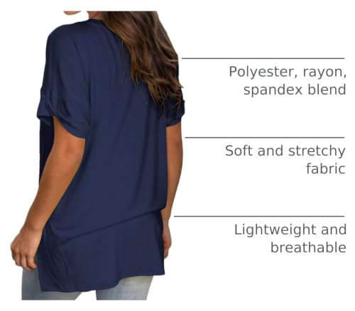 Image of Sampeel Women's V Neck T Shirts Casual Rolled Short Sleeve Side Split Summer Tops Loose Fit