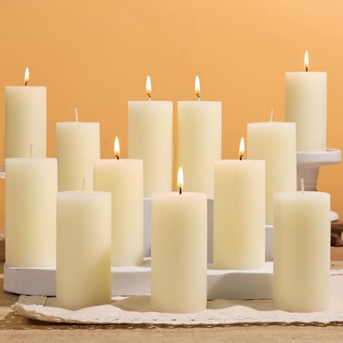 12 Unscented Ivory Pillar Candles - 2x4in Table Candles Long Burning up to 30 Hours Premium Paraffin with Cotton Wick for Church Home Wedding Party Decoration