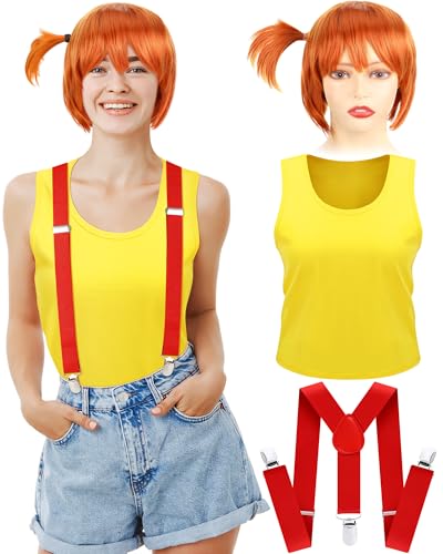ShinyMatch 3 Pcs Halloween Short Orange Cosplay Wig Costume Yellow Tank Tops Y Shape Red Suspenders for Women (Medium)