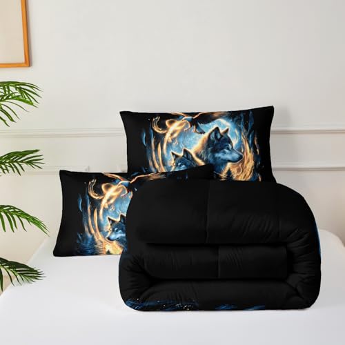 Image of Moon Wolf Comforter Set Full for Teen Boys Girls,Howling Wolves Comforter Forest Eagle Bed Set,Wild Animals Bedding Set for Kids Bedroom Decor,All Seasons