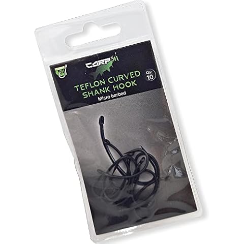 Carp On - Pack of 10 Eyed Fishing Hooks Made From Teflon Coated Carbon Steel - CURVED SHANK Micro Barbed Classic Design - (10 x Size 6) [14-7106] Cover