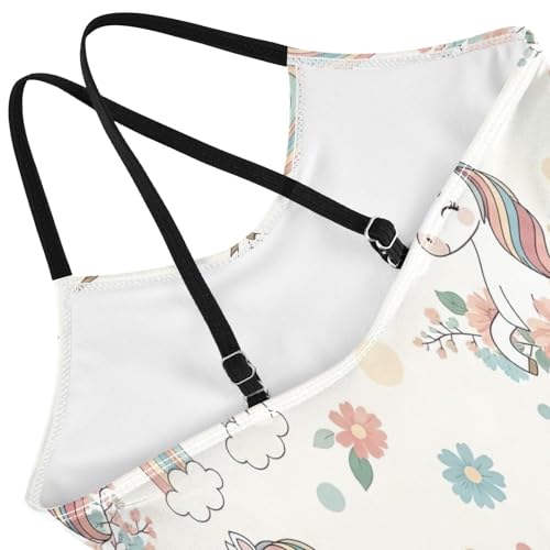 Unicorns Rainbow Manes Tails One Piece Girls Swimsuit with Adjustable Shoulder Strap, Beach Bathing Suits Girls, 3-104