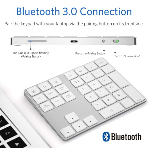 Bluetooth Number Pad, Wireless Numeric Keypad, USB-C Rechargeable External 34-Keys Numpad, Financial Data Entry Keyboard for iMac, MacBook Air/Pro, PC Desktop, Laptop Notebook(Silver)