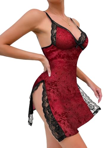 Image of Foxiny Sexy Split Side Floral Lace Trim Full Slip Night Gown Babydoll Lingerie Dress with Thong 2 piece