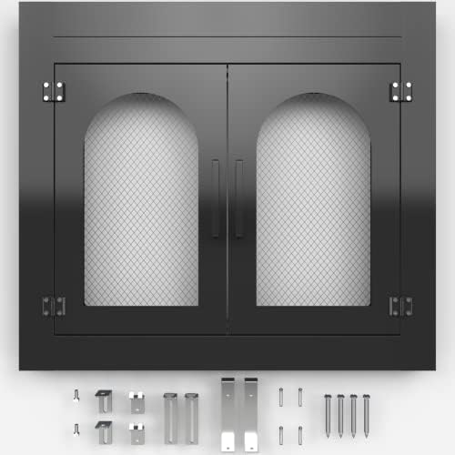 Puerta de chimenea, puertas de chimenea con pantalla y decoración de vidrio, protector de malla de hierro y paneles magnéticos, se adapta a