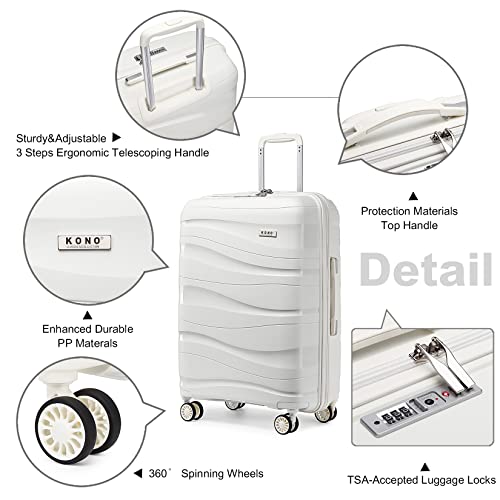 Kono-Large-Check-in-Luggage-28-inch-Lightweight-Polypropylene-Hard-Shell-Suitcase-with-TSA-Lock-Spinner-WheelsWhite