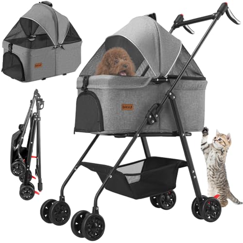 BAKAJI Passeggino per Cani e Gatti 2 in 1 Pieghevole e Salvaspazio con Cestello Rimovibile, Carrozzina per Animali Domestici con Capsula Trasportino Removibile e Ruote, Tettuccio Apribile (Grigio)
