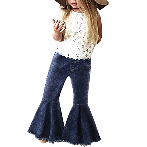 Toddler Girl Denim Flare Pants Outfits, Elastic Waist Tie Dye Ruffle Raw Hem Bell Bottom Jeans Baby Pants Fall Clothes