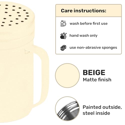 Image of CUSINIUM 14oz Beige Stainless Steel Salt Pepper Dredge Shakers - With Plastic Cap - With Handle - Pack of 2
