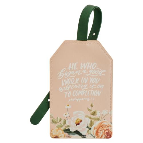 Christian Art Gifts Inspirational Vegan Leather Scripture Luggage Tag for Women: Good Work in You Encouraging Bible Verse, Suitcase Travel Accessory for Carry-on, Checked Bag, 4.8" x 3.1", Pink Floral
