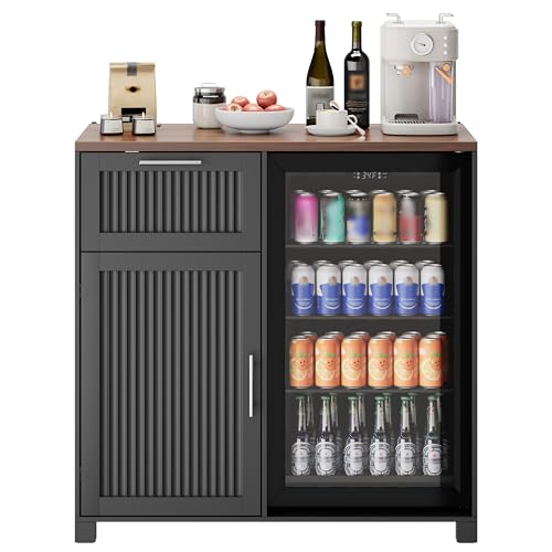 Image of 38.6 inch Long Fluted Mini Fridge Cabinet with Power Outlet & Drawer, Black
