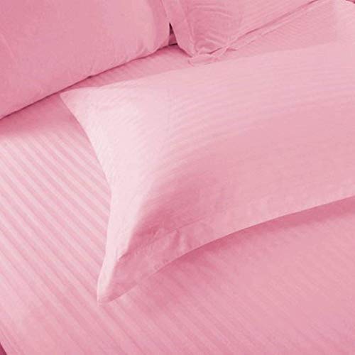 Image of YKC Glace Cotton Satin Striped Plain Color King Size Bedsheet for Double Bed with Two Pillow Covers (Pink - 90 x 100 Inch)