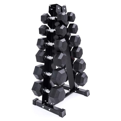Hex Dumbbells Sets 2.560kg | Heavy-Duty Rubber-Coated Cast Iron Weights Anti-Roll Hex Design Ideal for Home Gym Bodybuilding & Strength Training (Black 2.5-15KG Set with Rack(105KG Total))