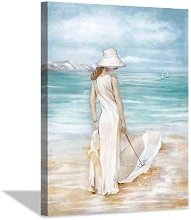 Abstract Beach Artwork Ocean Picture: Modern Women with Umbrella Sea Print Coastal Wall Art on Canvas for Bedroom (24” x 18” x1 Panel)