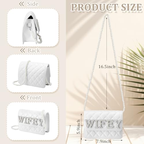Image of Eccliy Bride Purse White Clutch Wifey Gift Mrs Bride Purse with Pearl Chain for Wedding Day Bridal Shower Gift Bachelorette