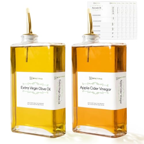 GRETMIX Olive Oil Dispenser for Kitchen, Cooking Oil Dispenser, Vinegar Set, 500ml Glass Olive Bottle, Soy Sauce, Coffee Syrup Dispenser - Set of 2, Gold