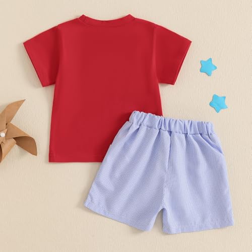 Image of 4th Of July Toddler Boy Outfit Popsicle American Flag T-Shirt and Gingham Plaid Shorts Set Independence Day Clothes