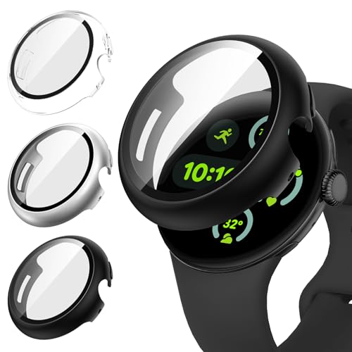 Neitra 3 Piezas Funda para Google Pixel Watch 3 45 mm, con 9H Templado Protector de Pantalla, Cubierta protectora de PC dura para Pixel Watch, Transparente+Negro+Plata