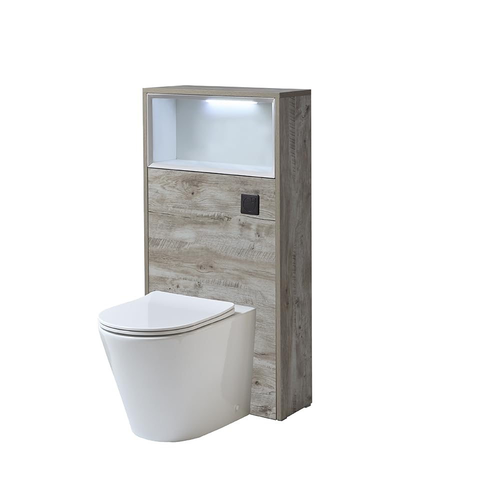 Milano Light Oak Unit / Black Flush Bexley 600Mm Light Oak Bathroom Wc Unit Led Lit Shelf Toilet