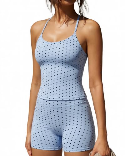 Image of SUUKSESS Women 2 Piece Workout Sets High Waisted Tummy Control Biker Shorts Halter Padded Tank Tops
