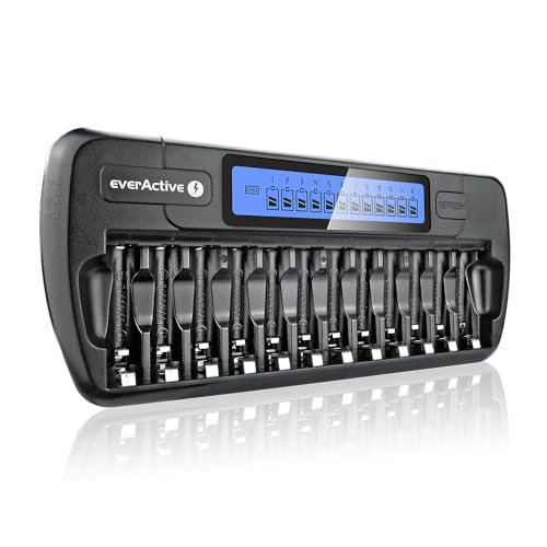 everActive Ladegerät für 12 Akkus AAA AA, schnelle Ladung - 4 Stunden Akku-Set, LCD Anzeige, Auffrischungsmodus, KFZ Adapter, Modell: NC-1200