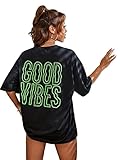 SOLY HUX Women's Oversized Graphic Tees Loose Fit Short Sleeve Letter Print T Shirts Summer Trendy Tops Black Green XS