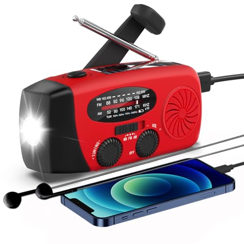 Solar Emergency Hand Crank NOAA Weather Radio with AM/FM, 2000mAh USB Phone Charger & 3 LED Flashlight, SOS Alarm for Camping, Power Outage Survival Gear